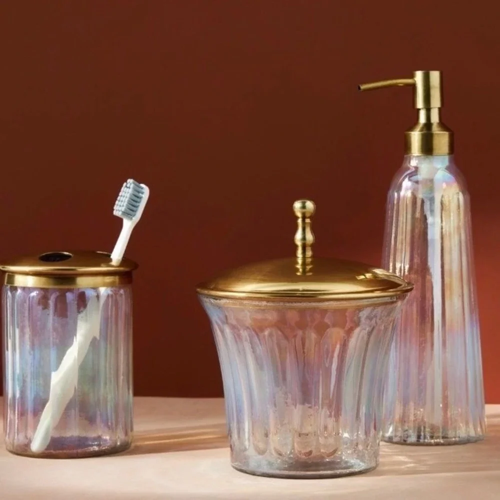 Anthropologie Lustrous Canister Iridescent Glass Gold Lid Vanity Jar NWT